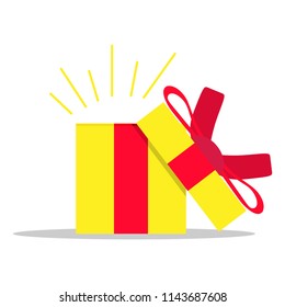 Open gift box present surprise vector. Christmas with red ribbon holiday object. Concept isolated white xmas package cardboard. Blank template container illustration. Magic confetti wrap.