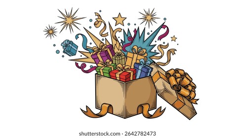 Open Gift Box Presenting an Array of Treasures for a Special Celebration Occasion