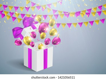 Open gift box with purple bow, balloons, garland flags and falling confetti. Vector template greeting card for anniversary, holiday or birthday.