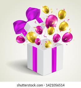 Open gift box with purple bow, balloons and confetti. Vector template greeting card for anniversary, holiday or birthday.