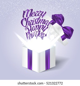 Open gift box with a purple bow. Christmas Holiday. Vector illustration.
