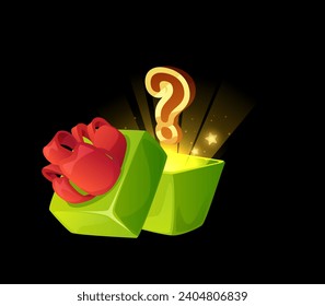 Open gift box with question mark and sparkling glow, 3D realistic vector illustration isolated on black background. Unlock gift and bonus icon or symbol for games.