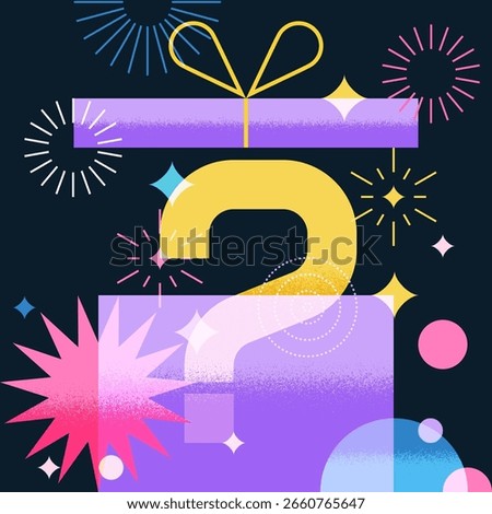 Open gift box with question mark inside. Vector colorful flat illustration. Perfect for mystery giveaway, surprise offer, holiday promotion, contest, quiz or lucky draw design project