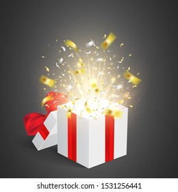 Open gift box with rays of lights and confetti. Vector template greeting card for anniversary, holiday or birthday.