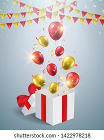 Open gift box with red bow, balloons, garland flags and falling confetti. Vector template greeting card for anniversary, holiday or birthday.