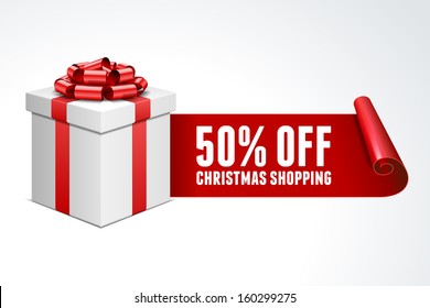 Open gift box with red bow isolated on white. Sale 50% off. Vector illustration eps 10. 