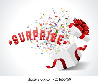 Open gift box and with red bow and ribbon vector background. Surprise message. 