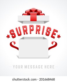 Abrir caja de regalo y con fondo vectorial de arco rojo y cinta. Mensaje sorpresa. 