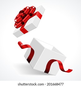 Open gift box and with red bow and ribbon vector template isolated on white background 