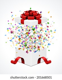 Open gift box and with red bow and ribbon vector illustration. Fireworks sparkles and confetti. 