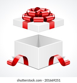 Open gift box and with red bow and ribbon vector template isolated on white background 