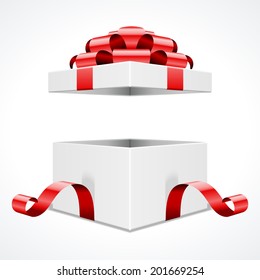 Open gift box and with red bow and ribbon vector template isolated on white background 