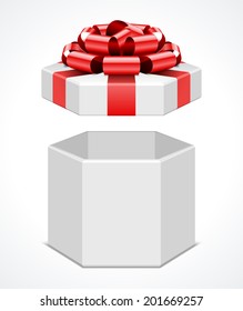 Open gift box and with red bow and ribbon vector template isolated on white background 