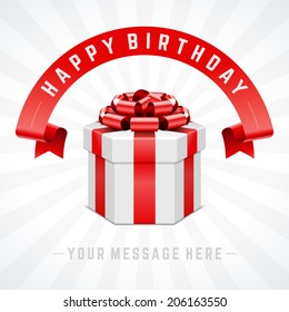 Open gift box and with red bow and ribbon vector background. Happy birthday message. 