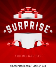 Open gift box and with red bow and ribbon vector background. Surprise message