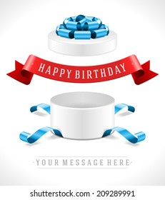 Open gift box and with red bow and ribbon vector background. Happy birthday message. 