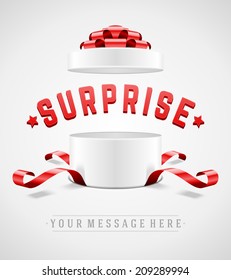 Open gift box and with red bow and ribbon vector background. Surprise message. 