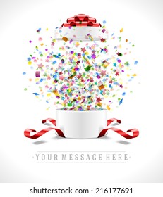 Open gift box and with red bow and ribbon vector illustration. Fireworks sparkles and confetti. 