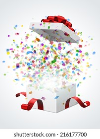 Open gift box with red bow and ribbon vector illustration. Fireworks sparkles and confetti. 