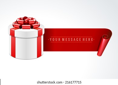 Open gift box with red bow and ribbon vector background.