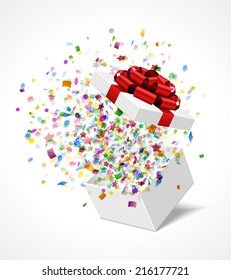 Open gift box with red bow and ribbon vector illustration. Fireworks sparkles and confetti. 