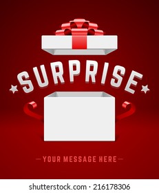 Open gift box with red bow and ribbon vector background. Surprise message. 