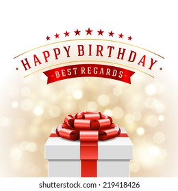 Open gift box and with red bow and ribbon vector background. Happy birthday message.