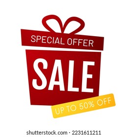 Open gift box with red bow isolated on white. Sale 50% off. Vector illustration eps 10. Gift box icon.