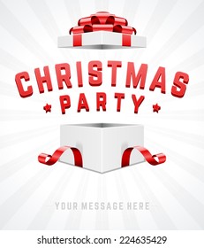 Open gift box and with red bow and ribbon vector background. Merry christmas message. 