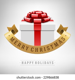 Open gift box with red bow and ribbon vector background. Greeting card design and Merry christmas message. 
