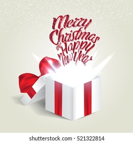 Open gift box with a red bow. Christmas Holiday. Vector illustration.