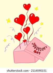 Abrir una caja de regalo con globos de corazón rojo. Confeti festivo. Afiche de vacaciones o tarjeta de saludo. Concepto de San Valentín.