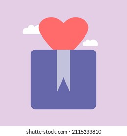 Open gift box with red heart. Vector illustration. Very peri