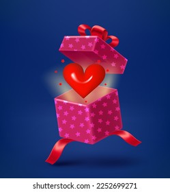 Open gift box with red heart. 3d vector illustration