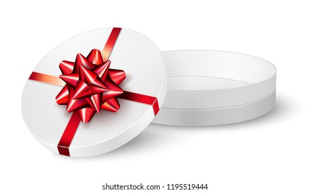 Open gift box with red ribbon and bow.