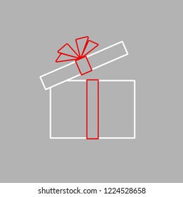 Open gift box with red ribbon bow Isolate Simple flat gift box icon from line of strip Design element for advertising greeting card for Birthday Christmas New Year Valentine's Day Vector box line icon