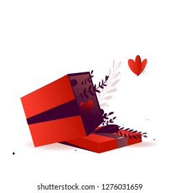 Open gift box with red ribbon and flat plants with butterfly gift valentines day