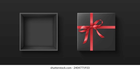 Open gift box with red ribbon on lid realistic vector illustration. Present packaging with bow for holiday 3d elements on black background