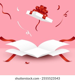 open gift box with red ribbon. promotional or advertising design elements