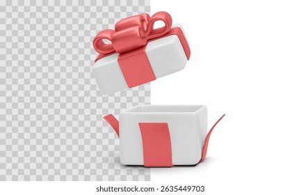 Open Gift Box With Red Ribbon And Floating Lid In Minimal 3D Style. Vector Illustration For Surprise Concept, Special Offer, Holiday Present, Festive Event, Celebration Or Birthday Design Element.