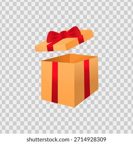 Caja de regalo abierta con un lazo de cinta roja perfecta para tarjetas de vacaciones, invitaciones, Anuncios de Navidad, publicaciones festivas en redes sociales.