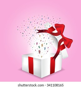 Open gift box with red ribbon