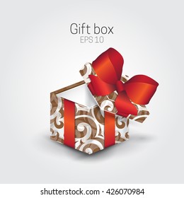 Open gift box with red ribbon. Vector illustration