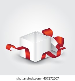 Open gift box with red ribbon. Vector illustration
