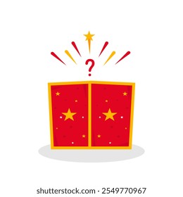 Caja de regalo abierta, icono abstracto rojo y amarillo de la caja de regalo con destellos. Ilustración plana de caja de regalo creativa para celebraciones navideñas.