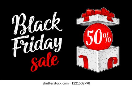 Open gift box with ribbon, bow, ray. Black Friday calligraphic handwriting lettering. Vector vintage color engraving isolated on white. Hand drawn design element for poster or greeting card.