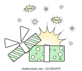 Open Gift Box With Ribbon And Bow. Surprise, Joy, Wow. Gift For Christmas, New Year, Birthday, Holiday. Vector Illustration.