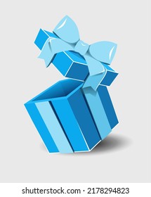 Abrir una caja de regalo con un arco de cinta sobre un fondo gris.
   Icono vectorial realista para regalo,
   banderas de cumpleaños o bodas