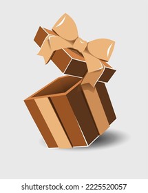 Open gift box with a ribbon bow on a gray background.
Realistic vector icon for gift, birthday or wedding banners