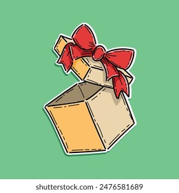 open gift box with ribbon bow isolated on a green background. flying modern holiday open surprise box. Realistic vector icon for present, birthday or wedding banners, holiday sale, lucky win surprise